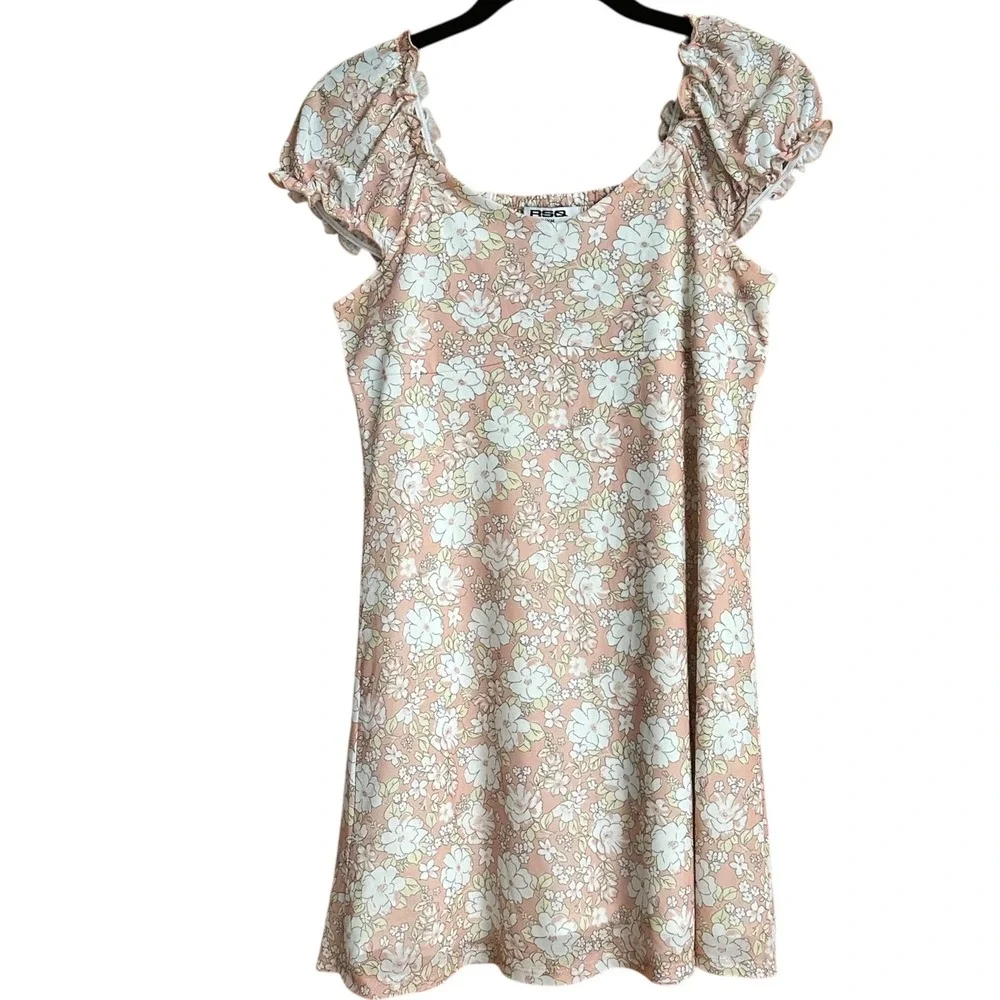 RSQ Mini Dress Womens XL Peach Excellent Floral Mesh Smocked Puff Sleeve